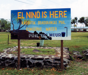 A billboard on Pohnpei, in the Federated States of Micronesia, encourages water conservation in preparation for the 1997 to 1998 El Niño.