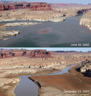 Matching photographs taken 18 months apart during the most serious period of recent drought show a significant decrease in Lake Powell.