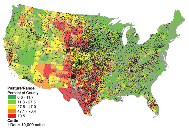Distribution of Beef Cattle and Pasture/Rangeland in Continental U.S.